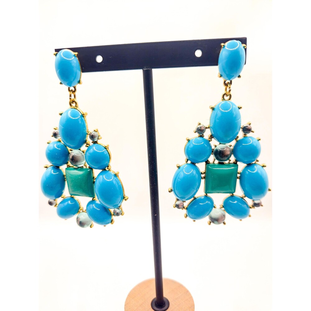 Vintage Turquoise Blue Statement Earrings Gold Tone Chandelier Cabochon 1980s Ru